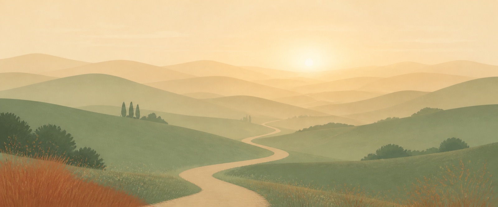 A wide sunrise valley with a single path winding through green hills toward golden light — the whole course as one journey.