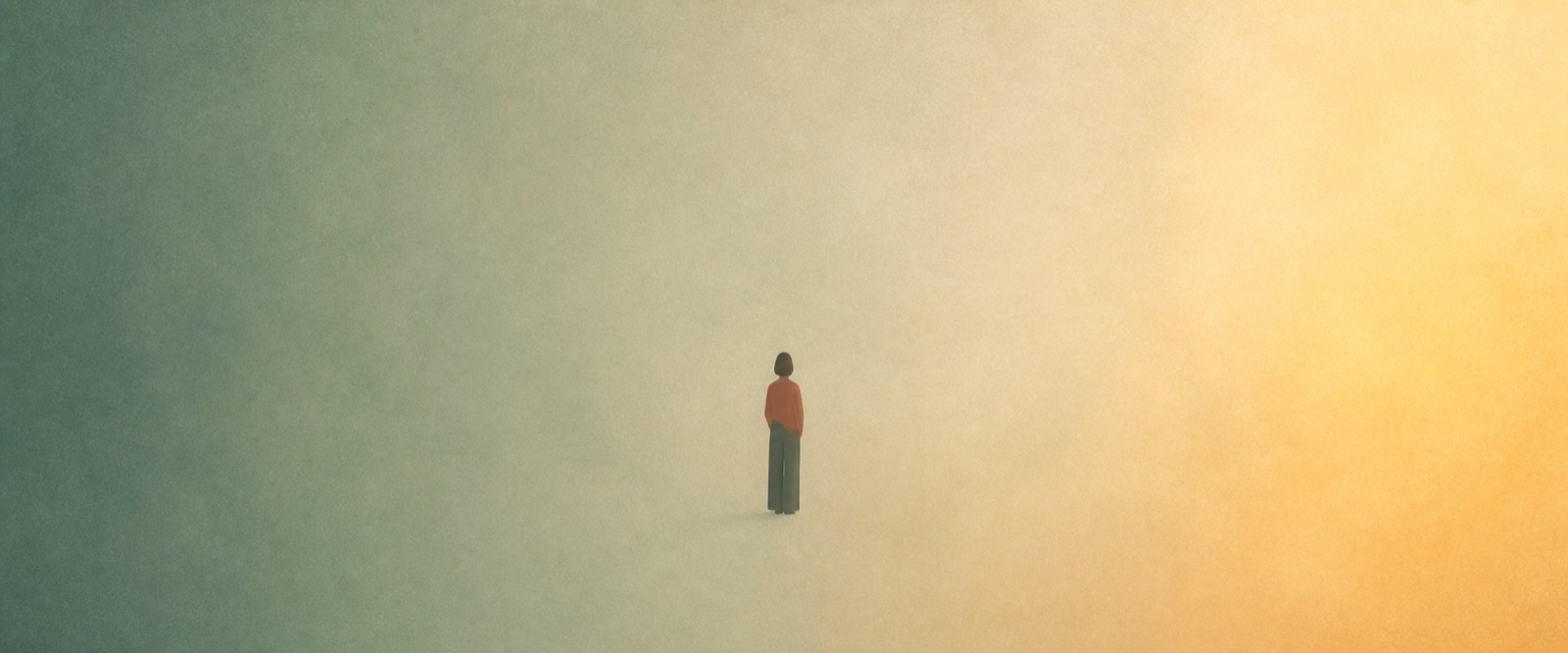 A soft gradient from cool shadow to warm golden light, with a small figure standing partway along it — substance use runs along a spectrum, not an on-off switch.