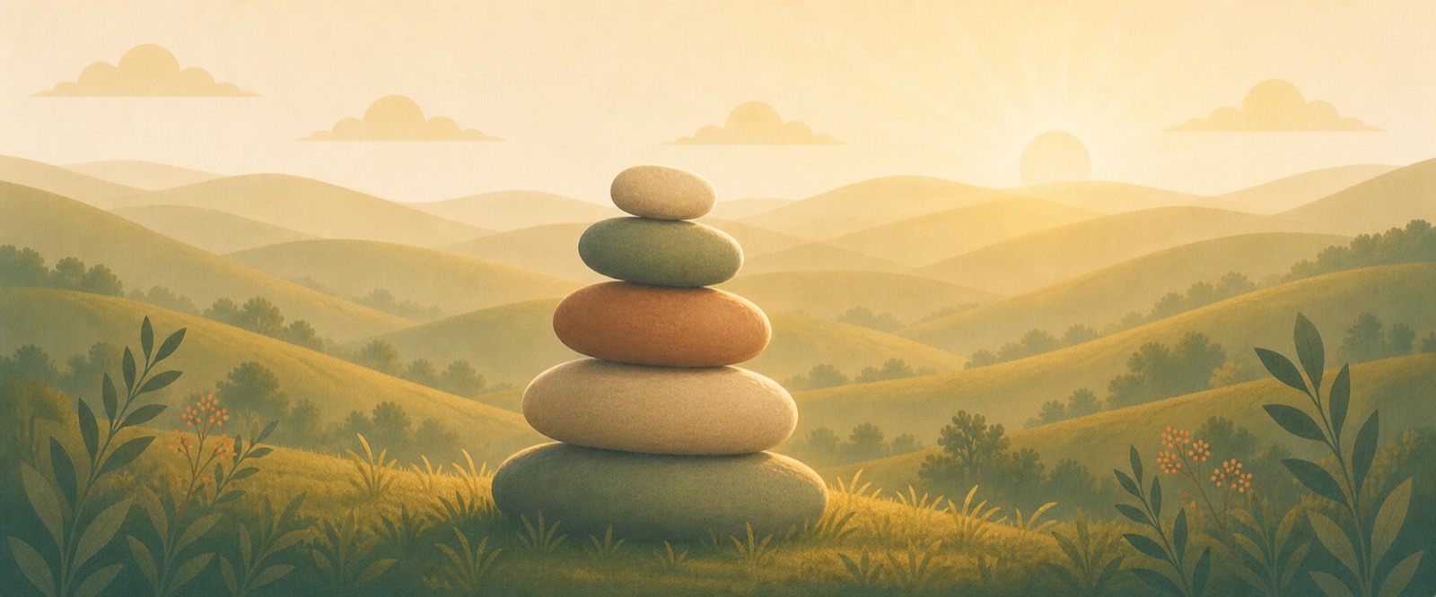 A balanced cairn of smooth colored stones resting in warm grass before golden hills — a stack of risk factors, balanced rather than a verdict.