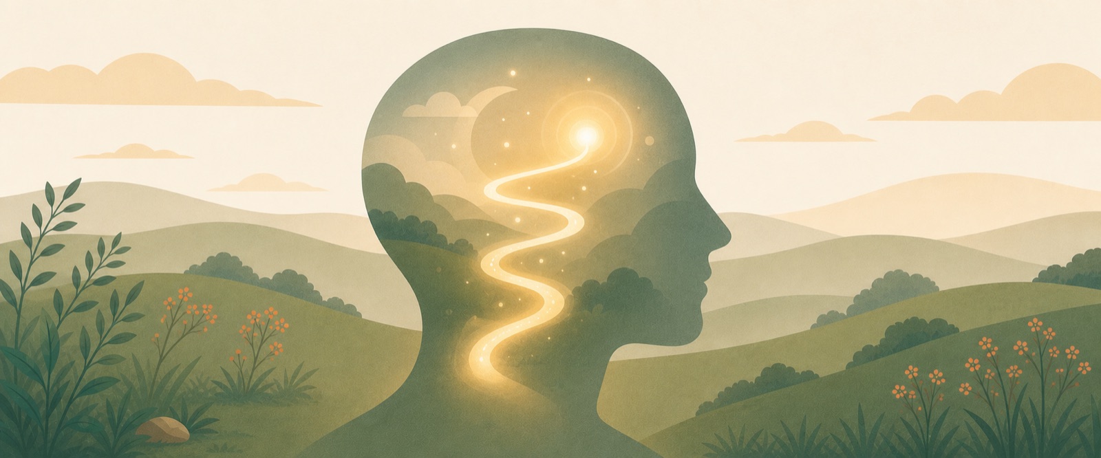A human head in profile filled with a calm landscape and a glowing winding path of light rising toward a bright point — a picture of the brain's reward pathway.