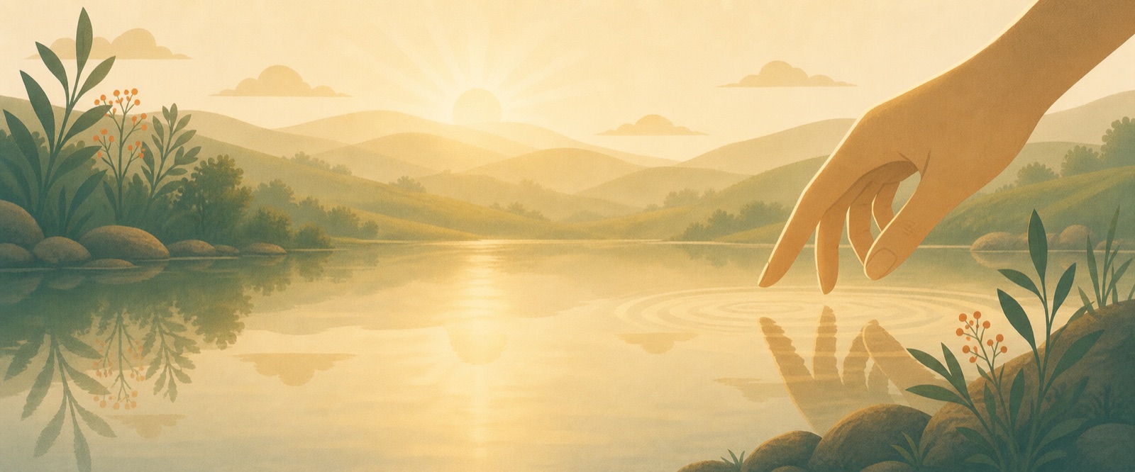 A hand touching the still surface of a golden pool at sunrise, sending out gentle ripples — a moment of honest self-reflection.