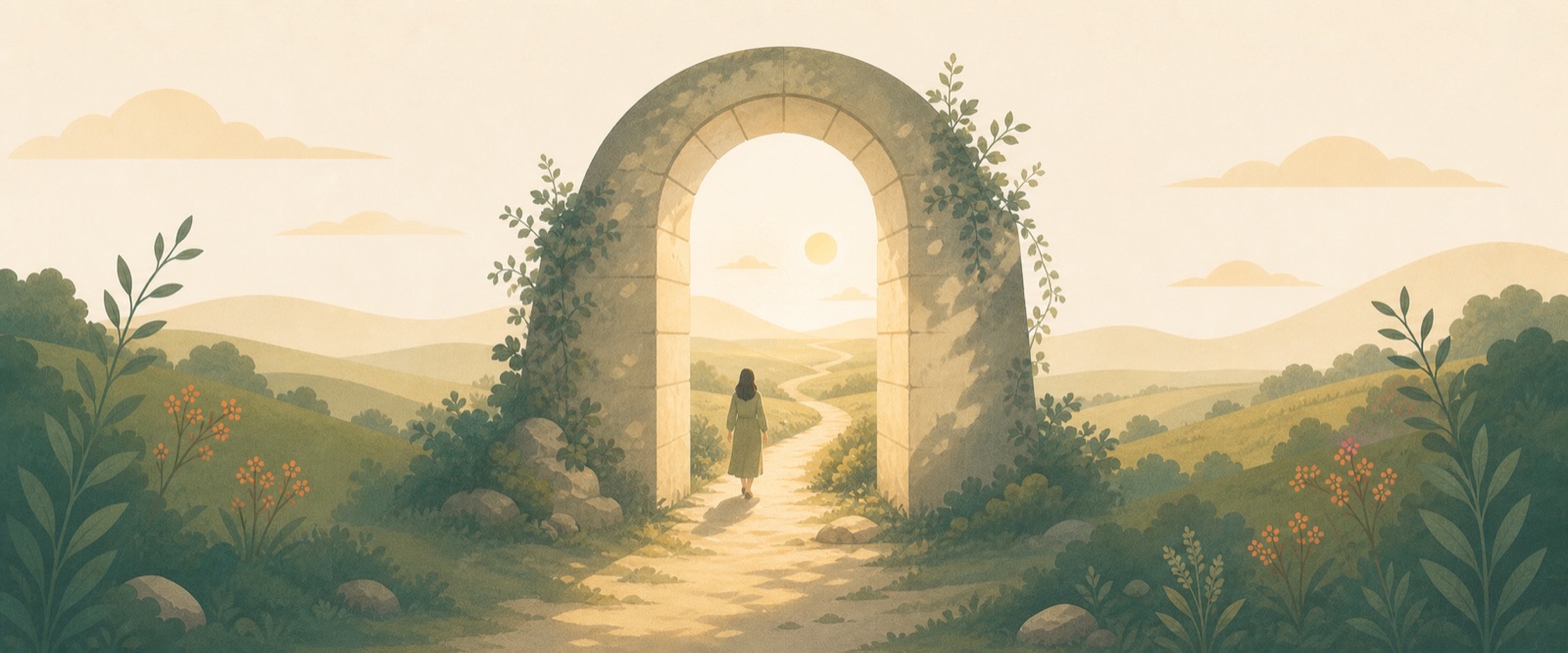 A person walking through a sunlit stone archway onto an open path that winds toward the horizon — a way forward and a second chance.