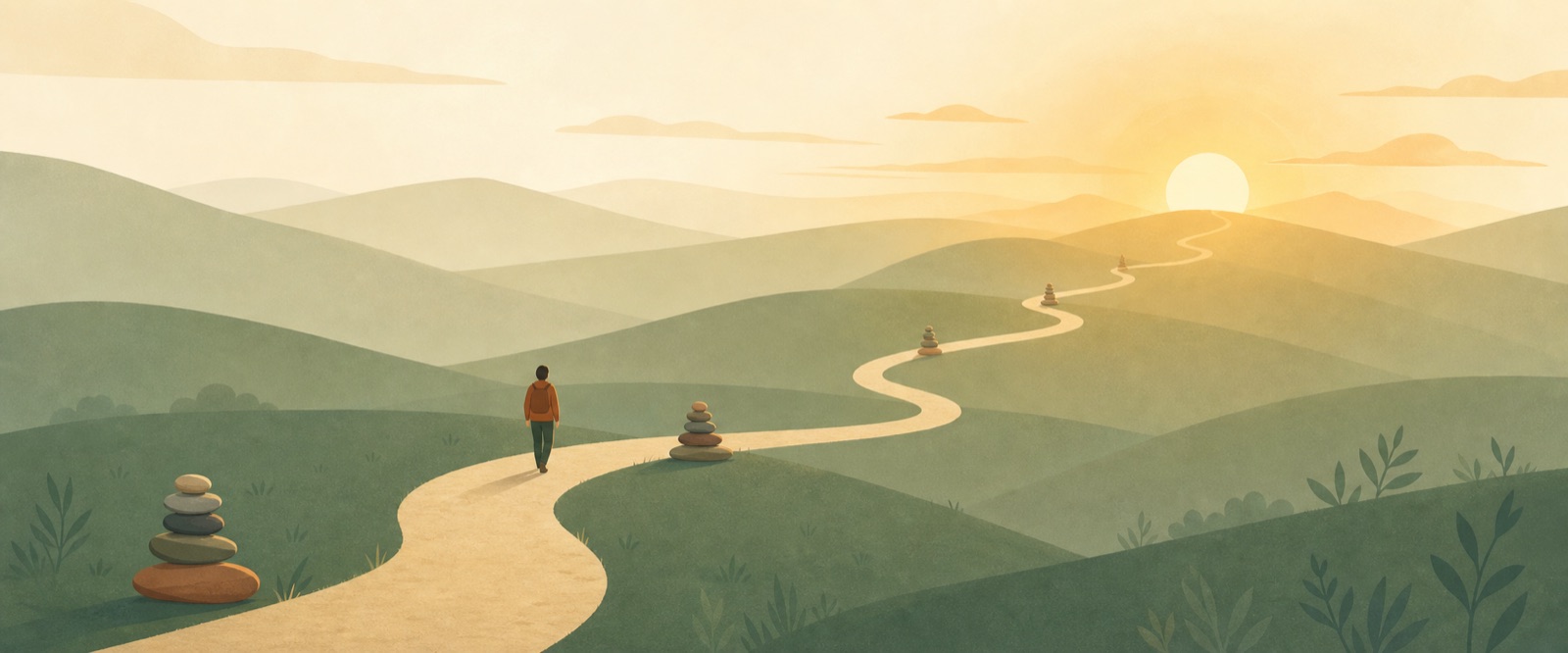 A winding path over green hills passing rounded stone markers toward a rising sun, with a lone figure walking it — the stages of change.